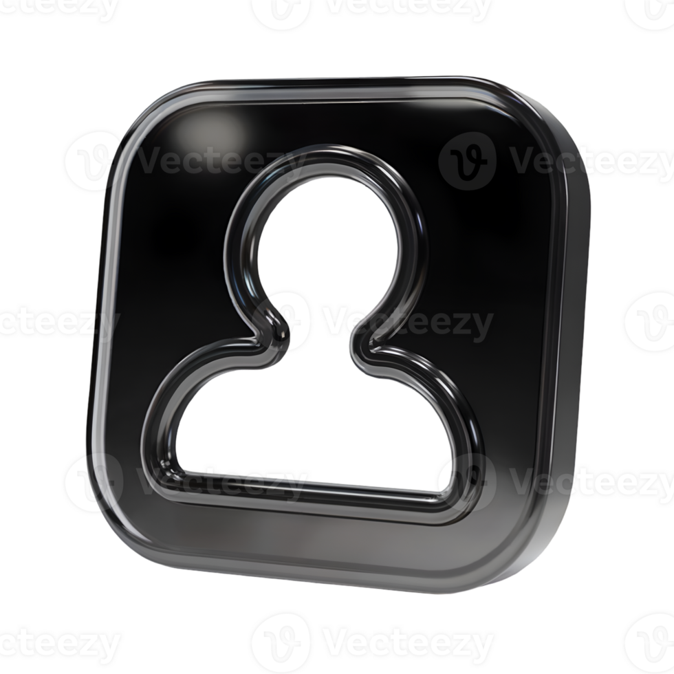 Glossy Black 3 D Render of a Square User Profile Icon with a Cutout Figure isolated on a transparent background png