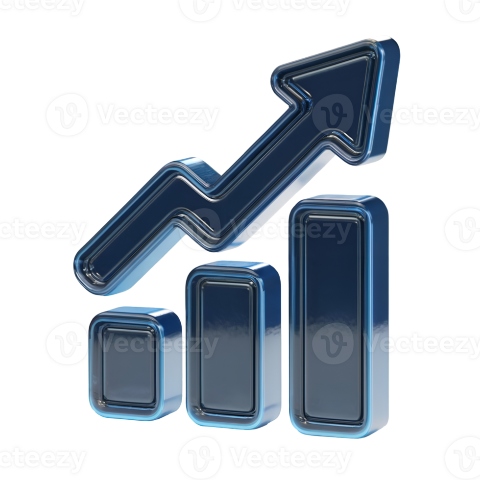 3 D Render of a Dark Blue Glossy Plastic Bar Graph Icon with an Upward Trending Arrow Isolated on a transparent background png