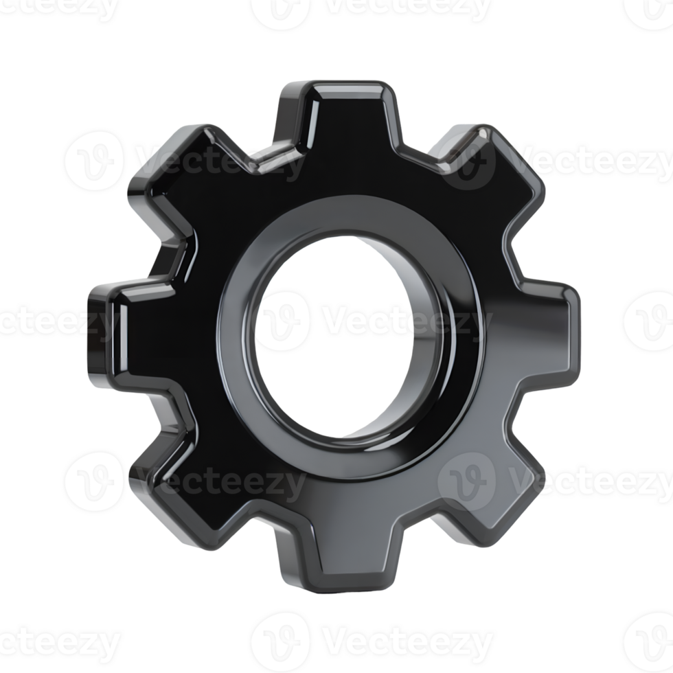 Glossy Black 3 D Render of a Single Gear Cog Wheel Isolated on a Transparent Background image png