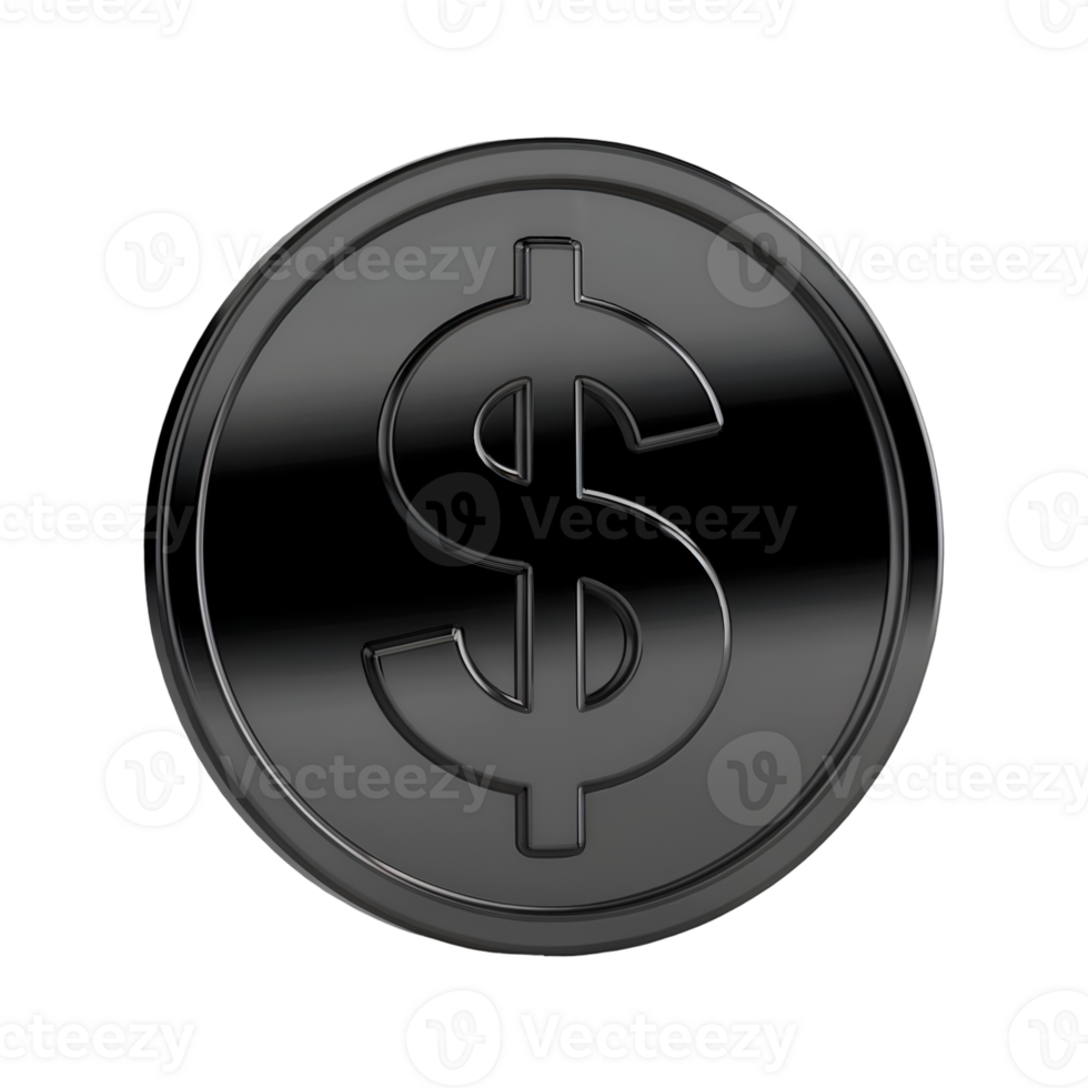 Glossy Black 3 D Render of a U S Dollar Coin Symbol Isolated on a Transparent Background money finance png