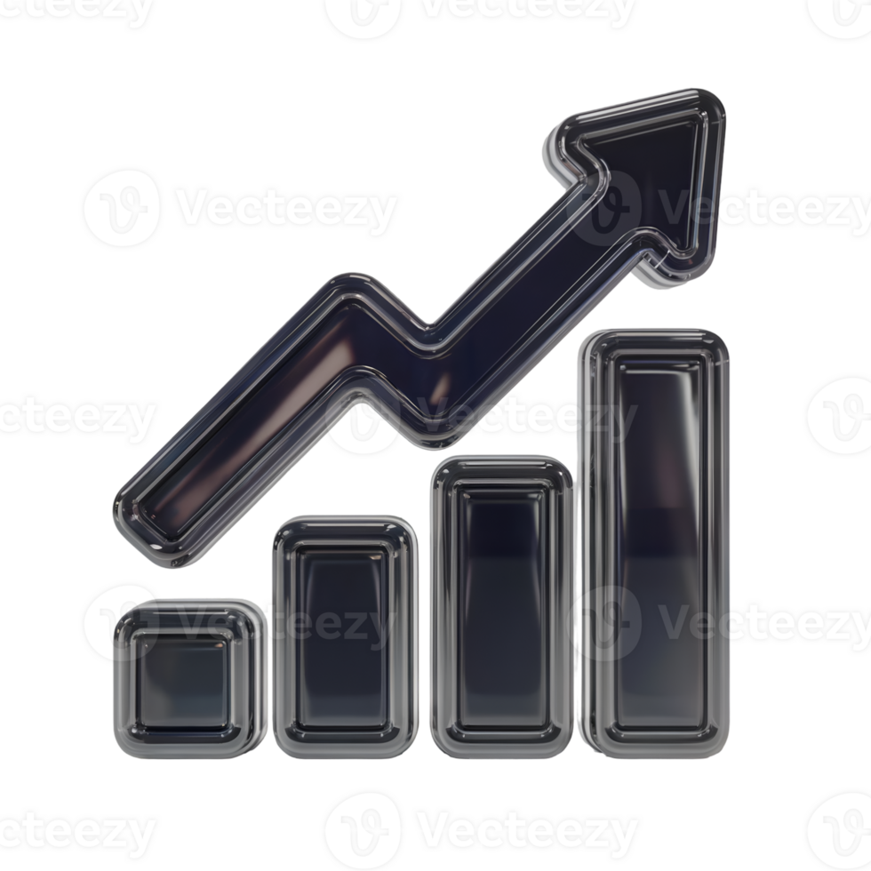 3 D Render of a Dark Gray Glassy Growth Chart with an Upward Trending Arrow Isolated on a transparent background png