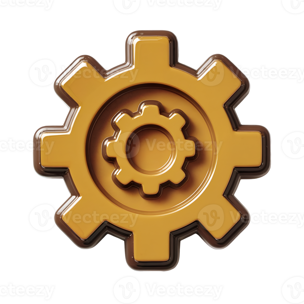 Golden Brown 3 D Plastic Gear Icon Settings Cogwheel Wheel Machine Part Isolated on a transparent background png