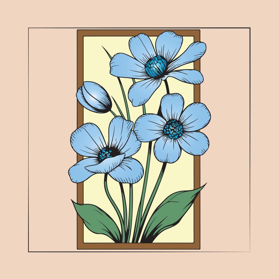illustration of blue wildflowers in a decorative frame. vector
