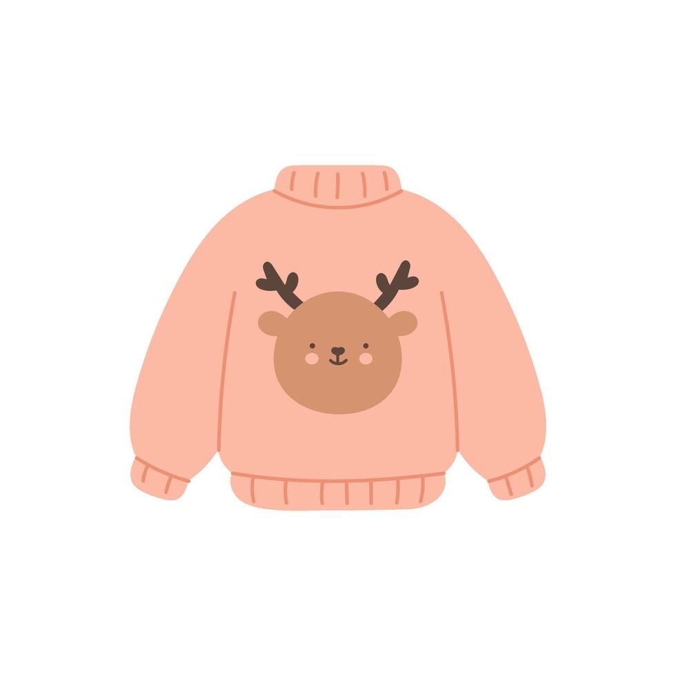 smiling Christmas reindeer character on soft peach sweater in style on white concept of childrens fashion, textile brand, seasonal merch vector