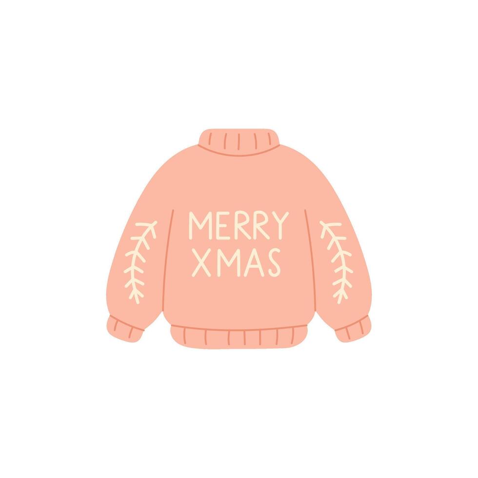 knit peach sweater with message Merry Christmas and graphic stitched branches on sleeves in simple style vector