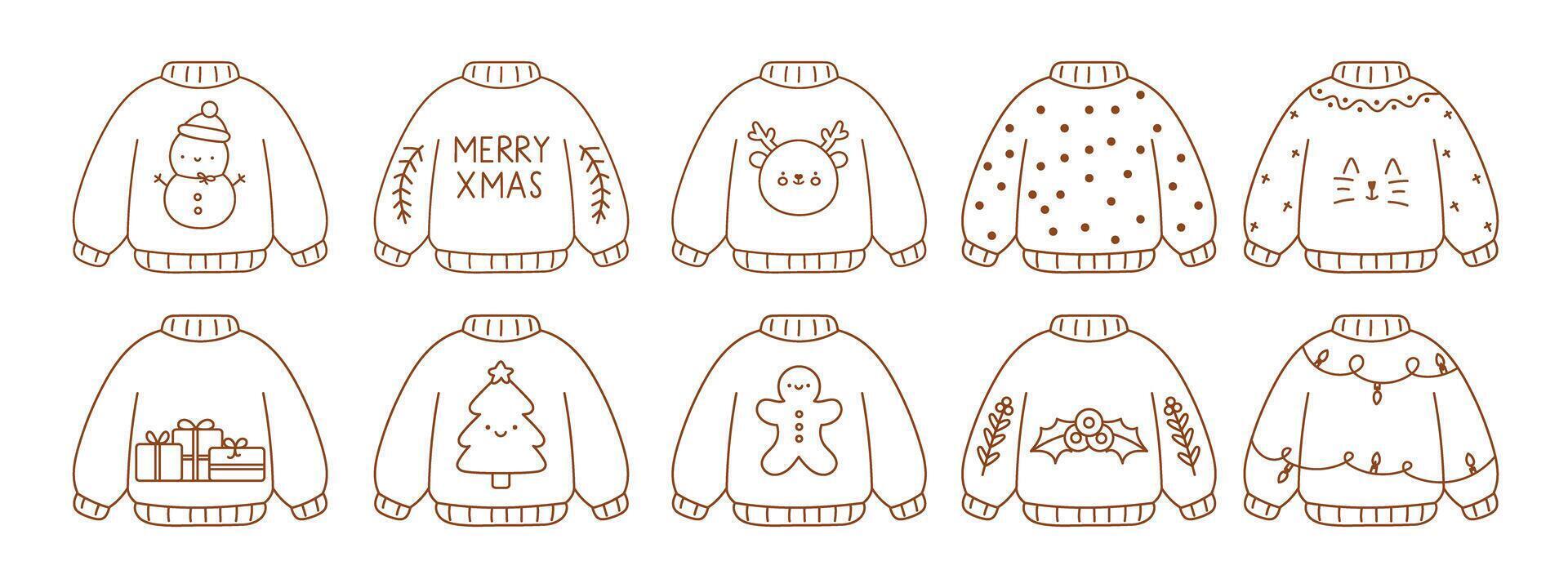 A collection of Christmas sweaters with various designs and decorations vector