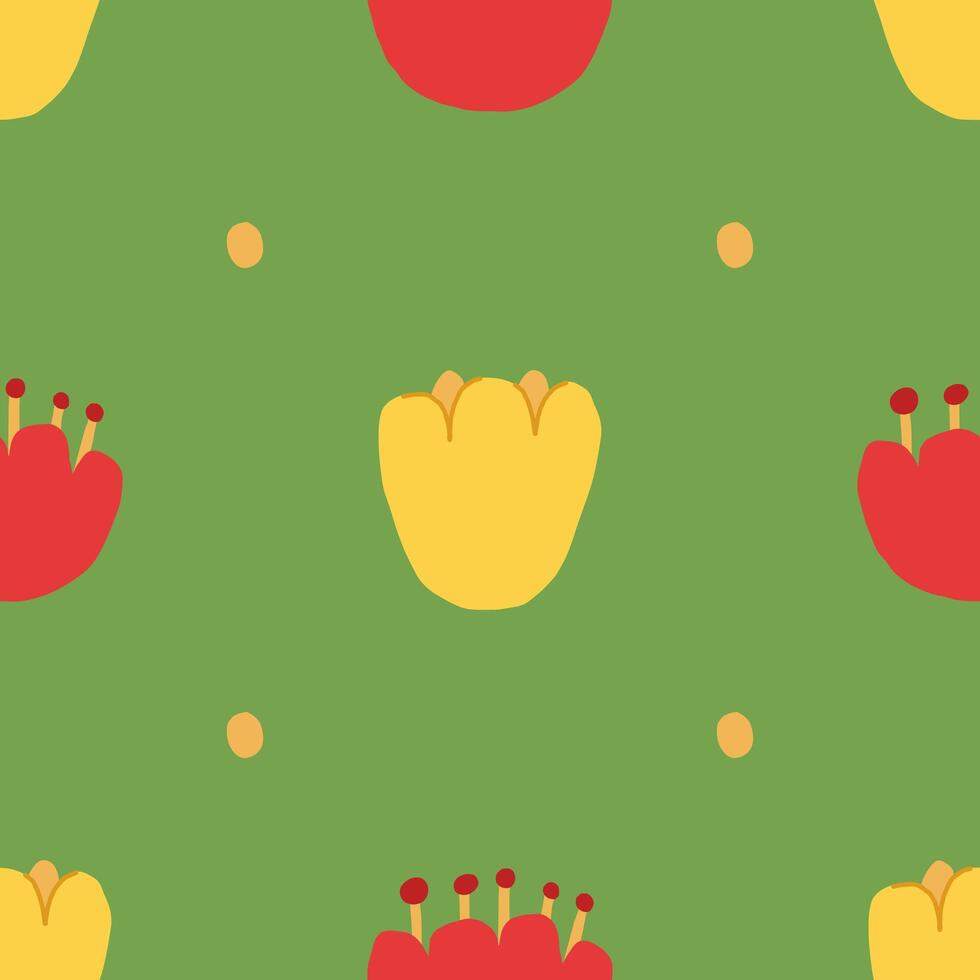 Seamless floral pattern with red and yellow flowers, and dots. Simple daisy on green background. vector