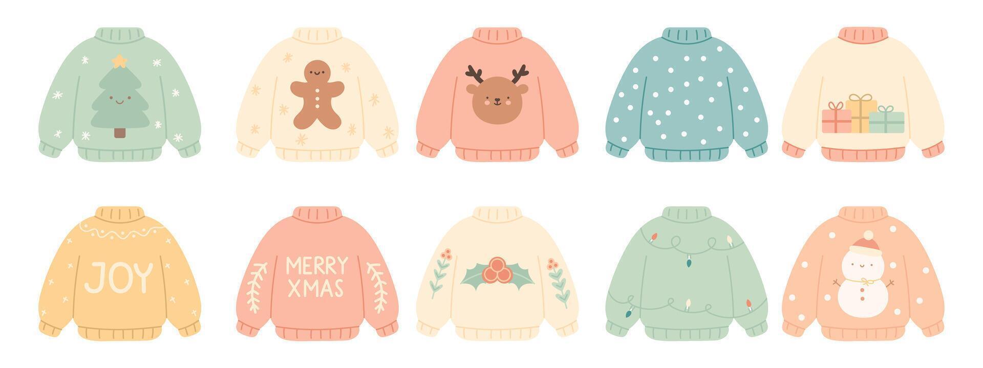 A collection of Christmas sweaters with different designs and messages vector