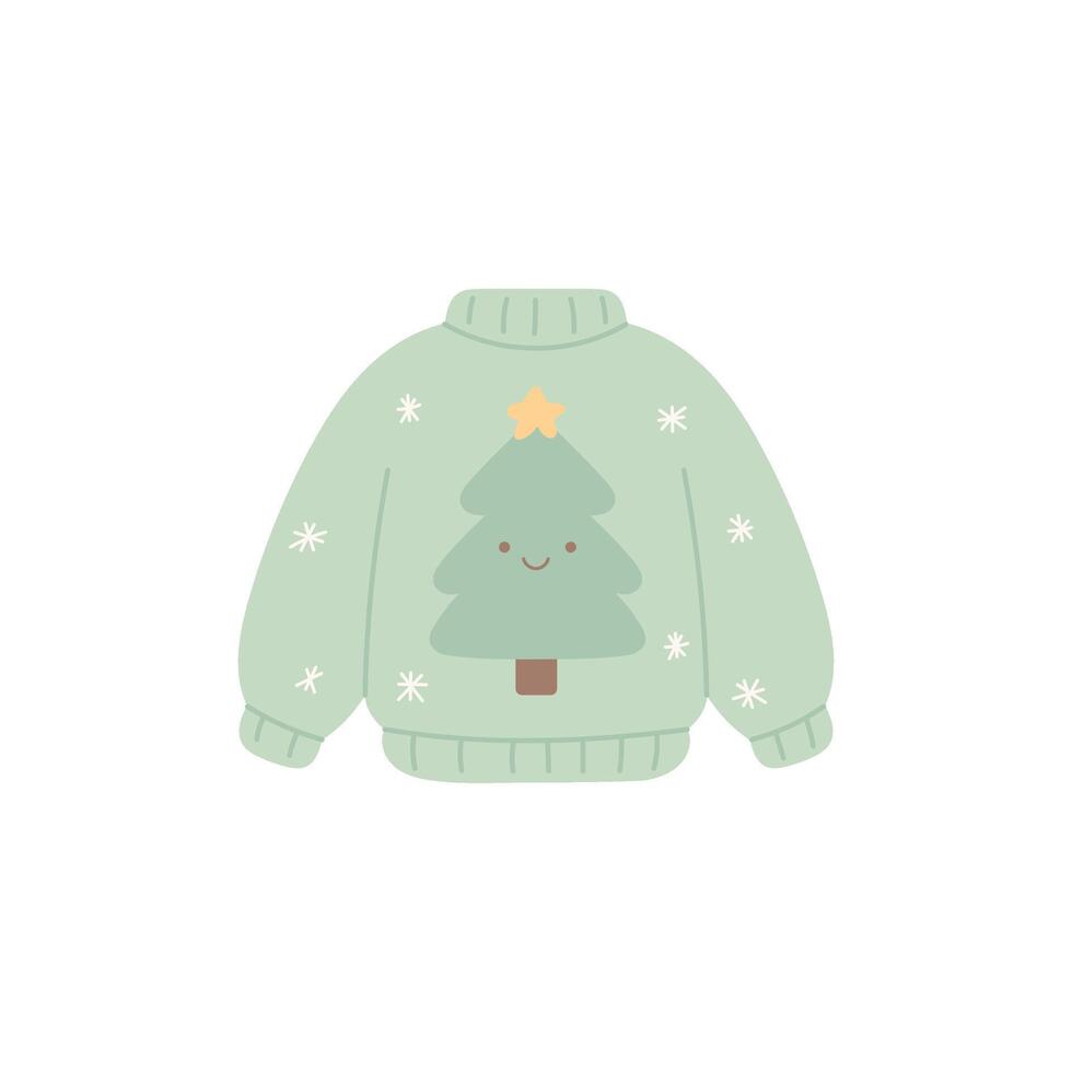 smiling christmas fir tree on soft pastel sweater with snowflake, illustration vector