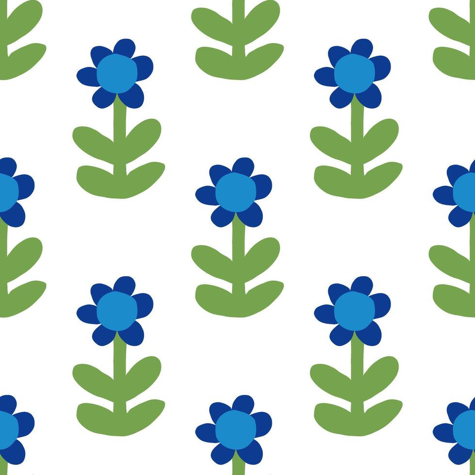 Seamless pattern with abstract blue flowers. Retro minimal style with basic floral shapes vector
