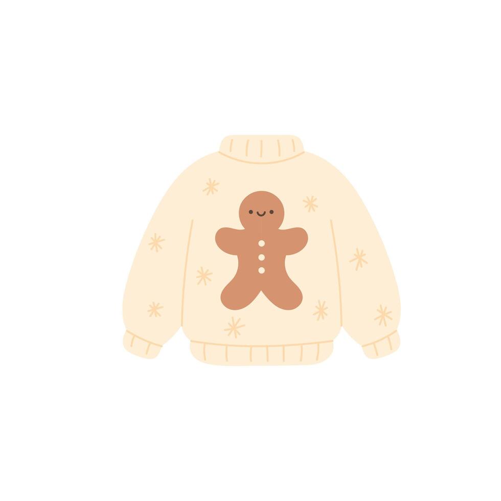 cute christmas gingerbread character on beige winter sweater with snowflake pattern flat lay isolated on white background concept of clothing brand, textile design, holiday market vector