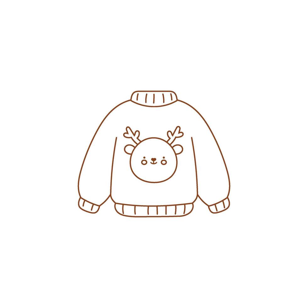 A Christmas drawing of a reindeer sweater. Doodle jumper with kawaii xmas reindeer vector