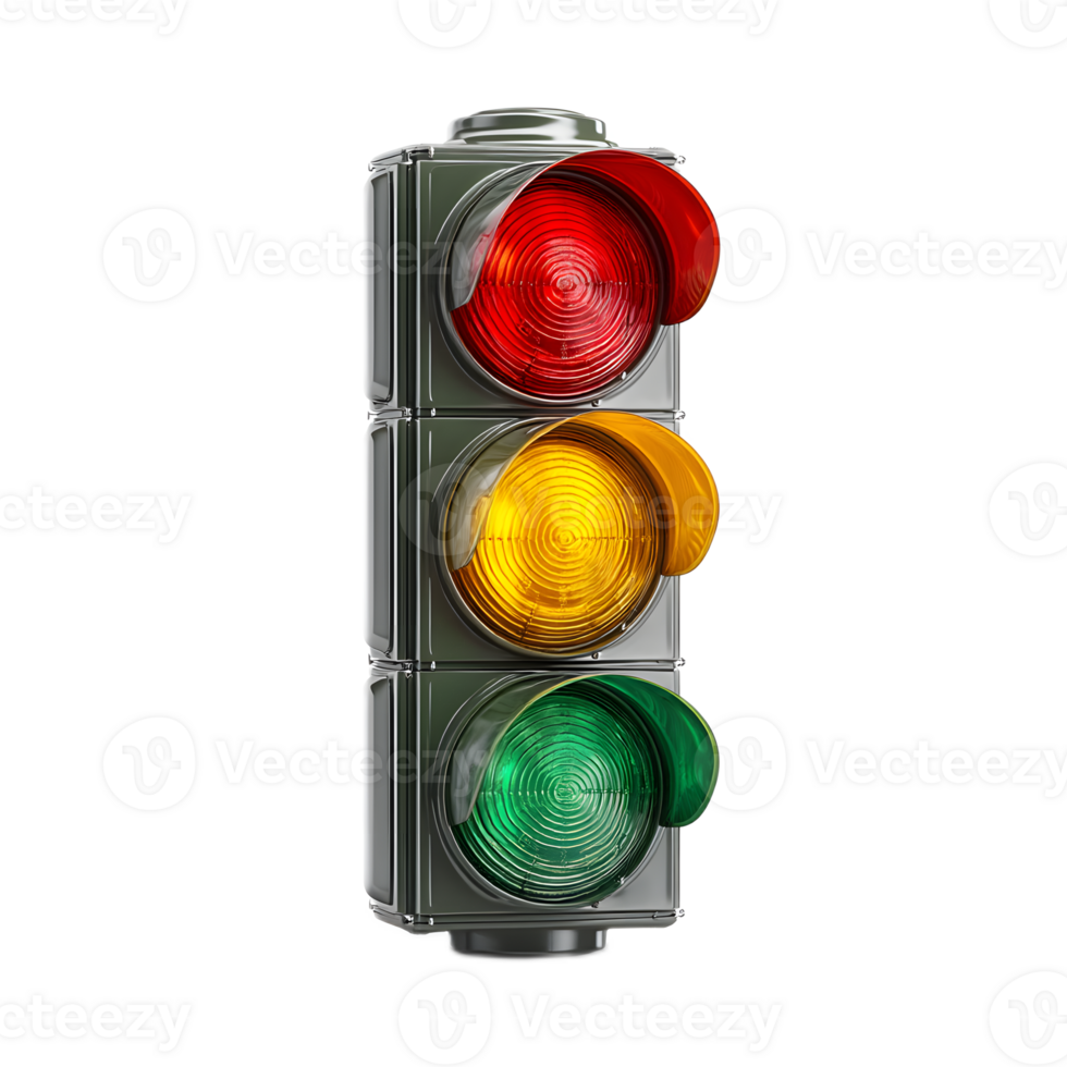 Vertical three light traffic signal system with red yellow and green illuminated indicators for vehicle and pedestrian traffic control and regulation png