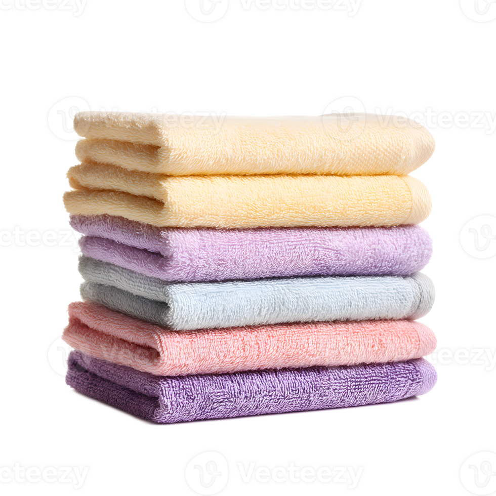 A stack of soft fluffy pastel colored towels neatly folded and arranged in a clean minimalist and visually appealing manner png