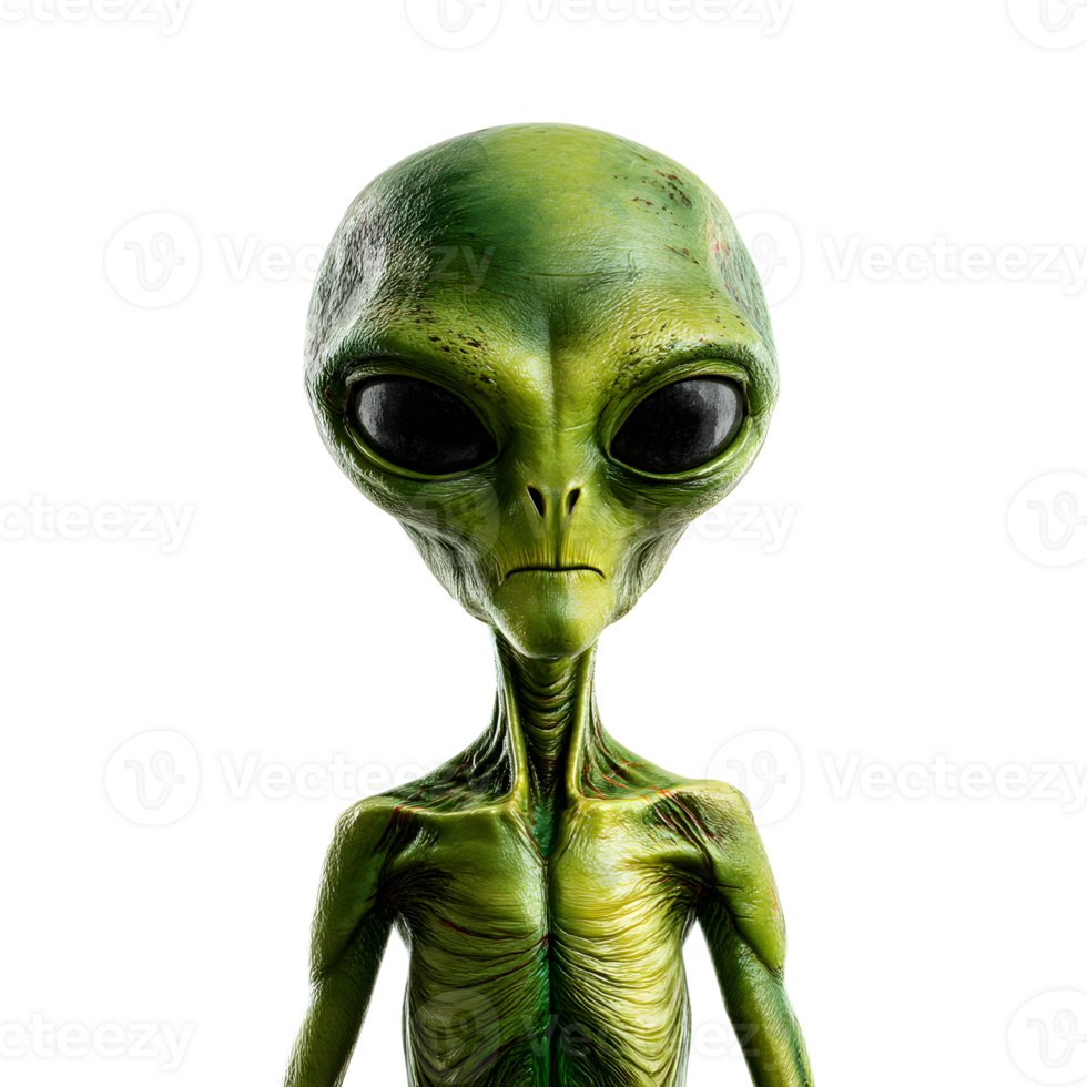 Captivating portrait of an intriguing otherworldly green alien humanoid figure with expressive features and a pensive curious expression png