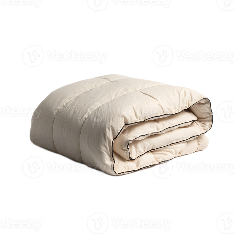 A soft fluffy white comforter or duvet cover resting on a plain bright background creating a sense of serenity and relaxation png