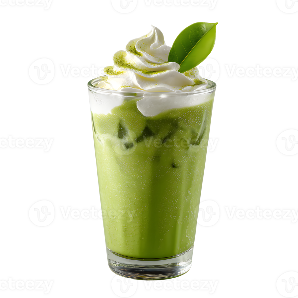 A refreshing and creamy iced matcha green tea beverage garnished with a dollop of whipped cream and a fresh mint leaf offering a luxurious and indulgent experience png