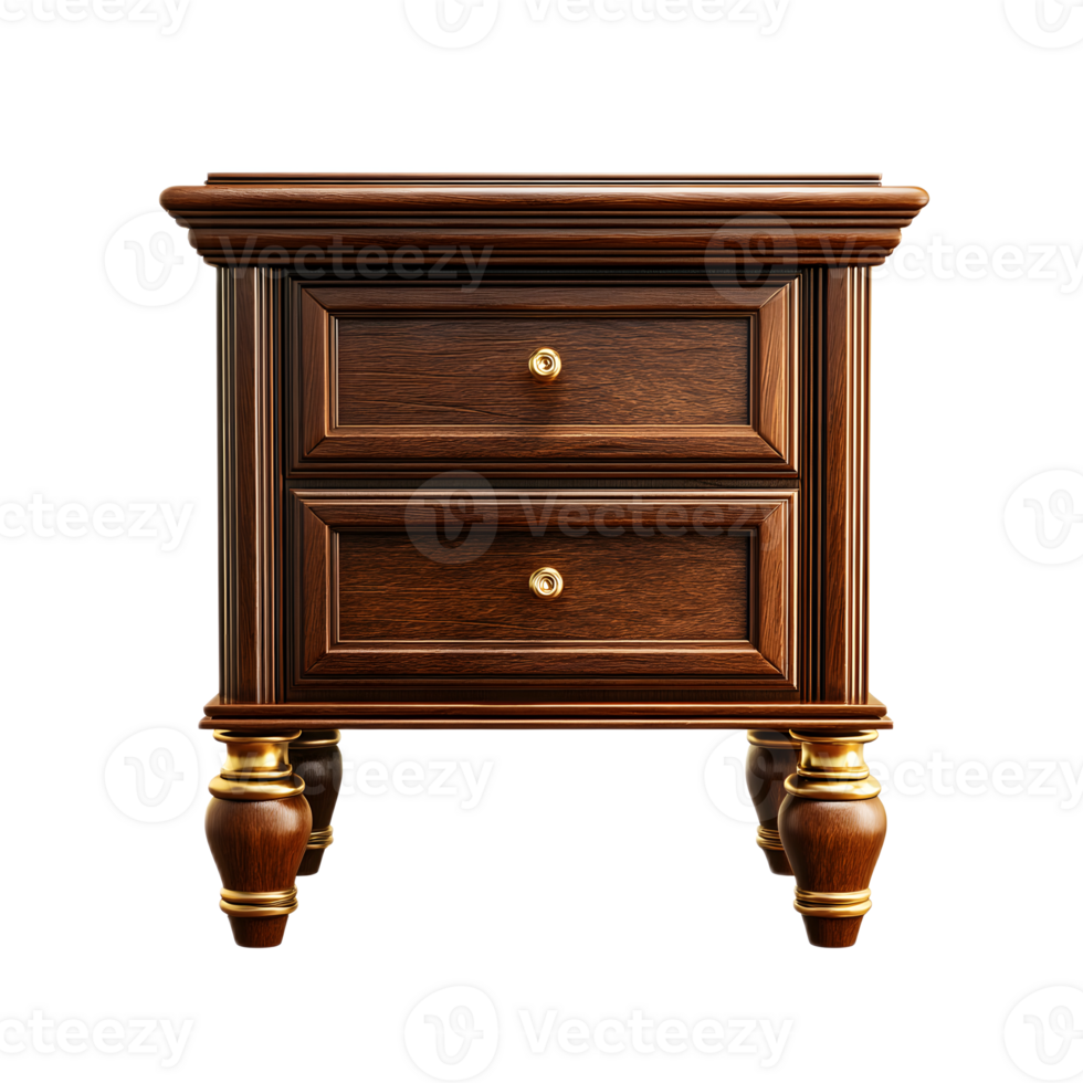Elegant traditional wooden nightstand with decorative carved details and two functional drawers perfect for a classic bedroom interior png