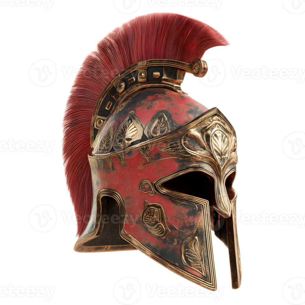 Intricate and imposing ancient Greek helmet with distinctive red crest and elaborate bronze detailing reflecting the power and discipline of the ancient warrior class png