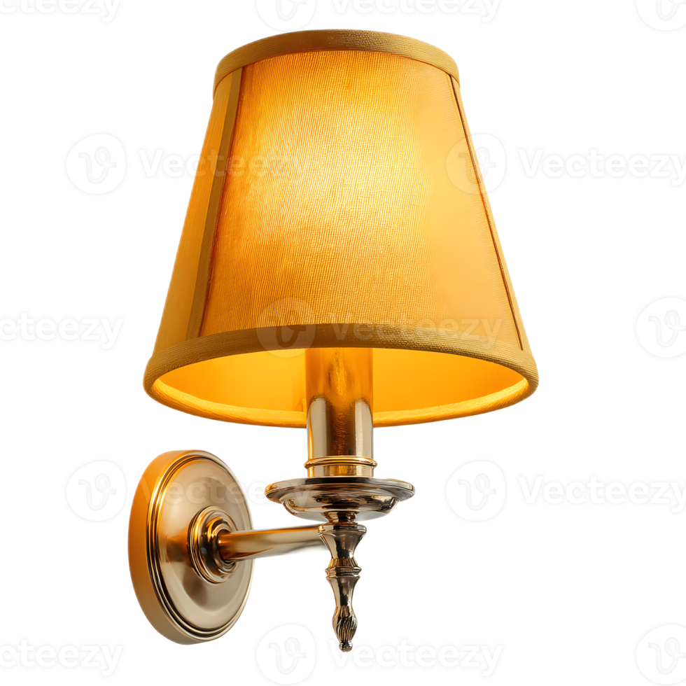 A traditional brass wall mounted lamp with an elegant fabric shade that casts a cozy ambient glow in a home interior setting png
