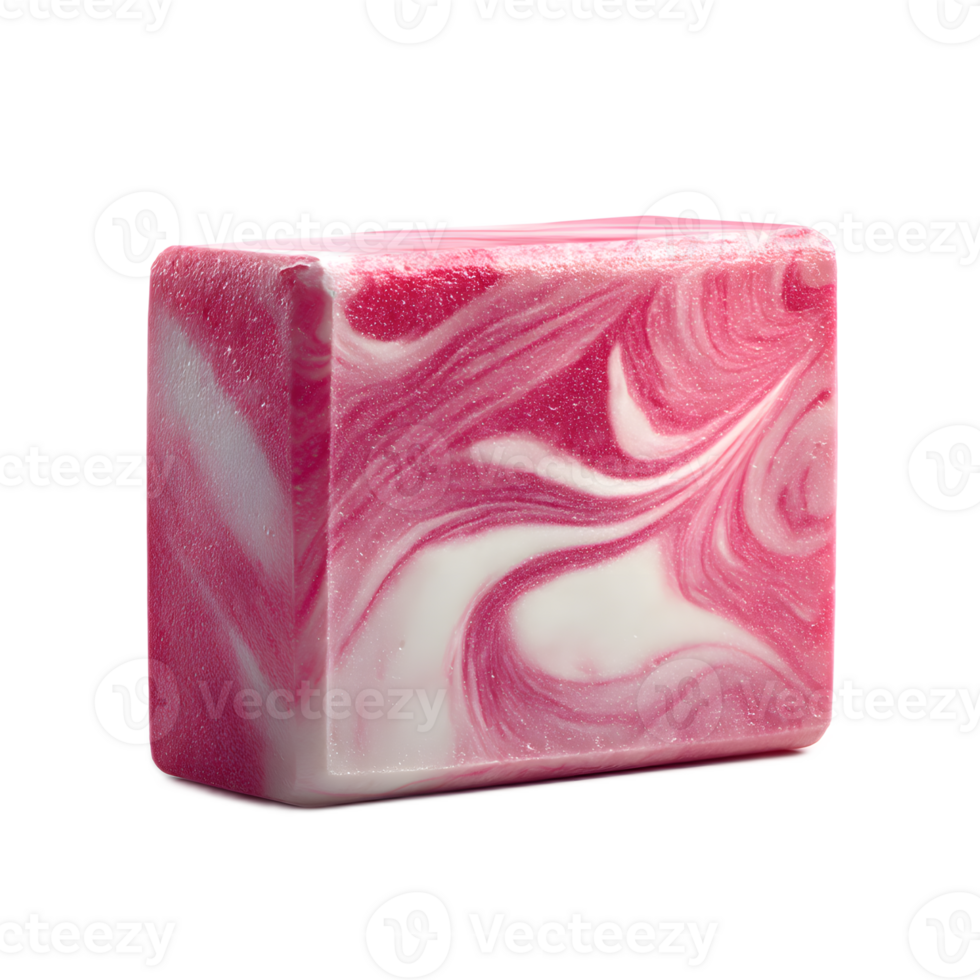 Close up of a beautifully handcrafted bar of pink and white swirled artisanal soap showcasing its luxurious texture and natural aesthetic png