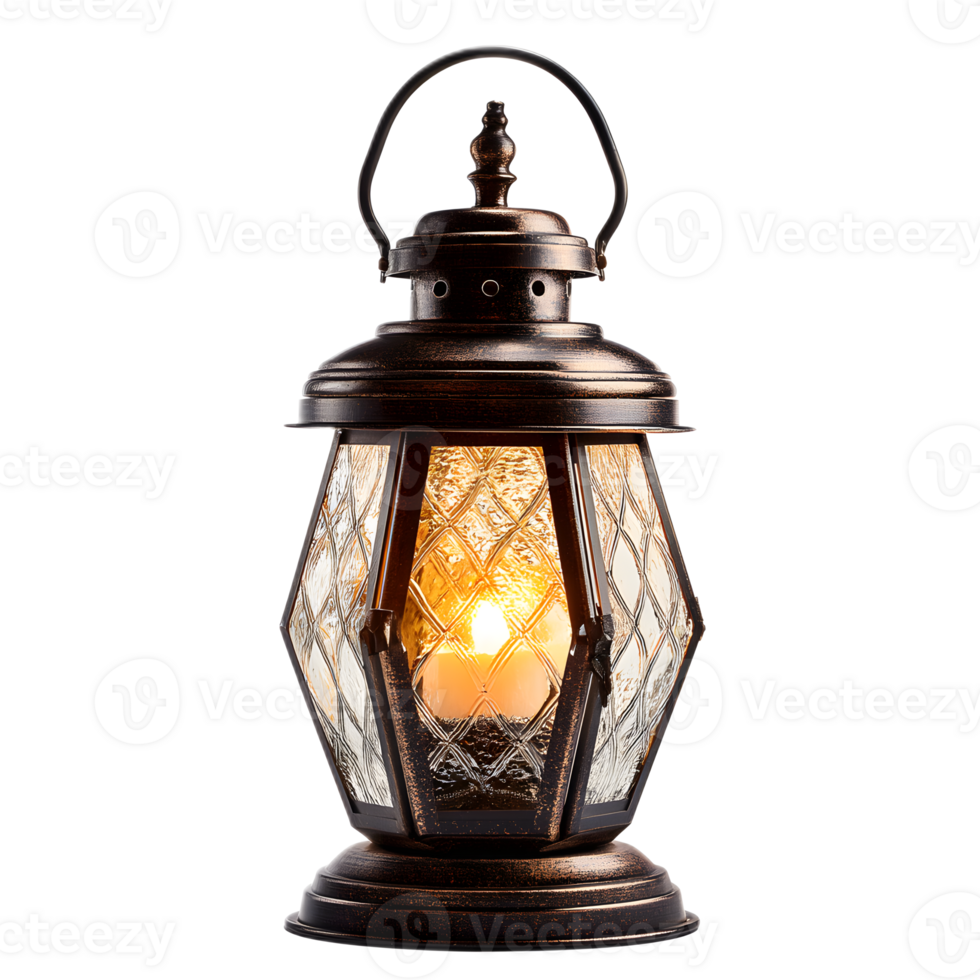 Antique style ornate metal and glass lantern lamp with a warm glowing candle flame creating a cozy and inviting ambiance png