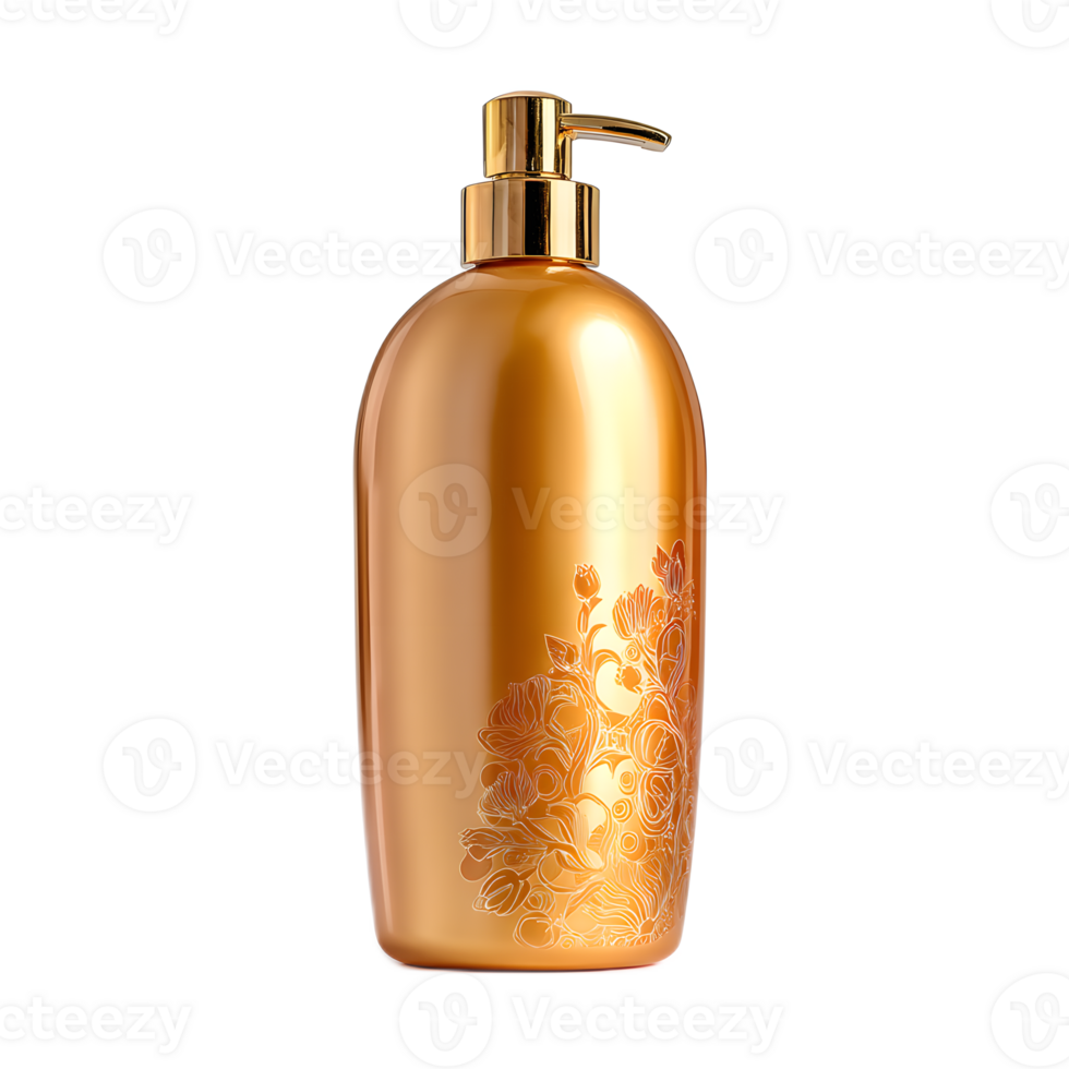A sleek and elegant gold colored shampoo bottle with a floral pattern exuding a sense of premium luxury and sophistication png