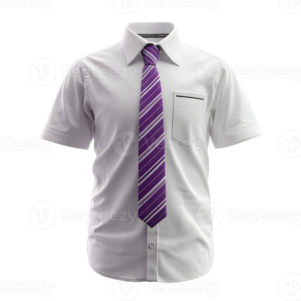 A crisp clean cut white short sleeved dress shirt paired with a stylish purple and white striped necktie forming a professional and well coordinated look png