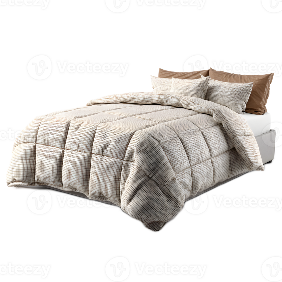 Soft plush white bedding including a duvet pillows and sheets creating a serene and relaxing atmosphere in a minimalist bedroom interior png