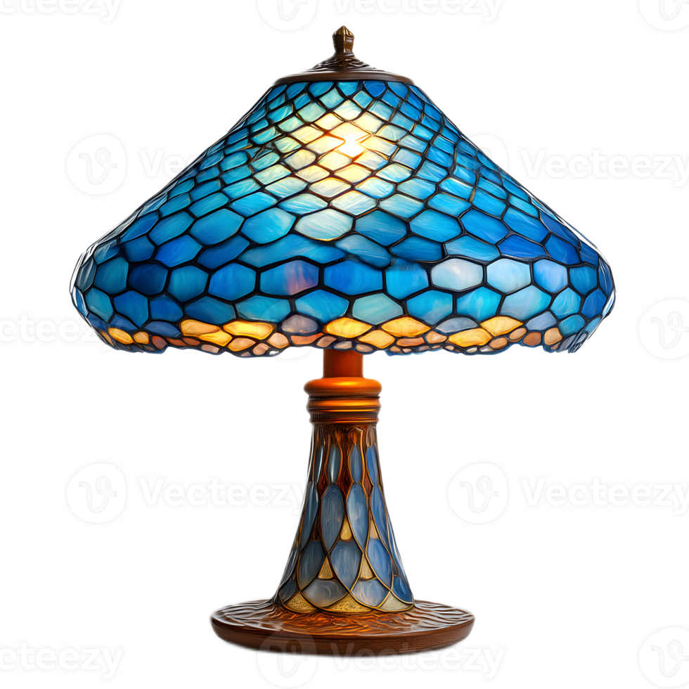 Exquisitely crafted table lamp featuring a vibrant multicolored stained glass shade in a traditional Tiffany inspired design radiating illumination png