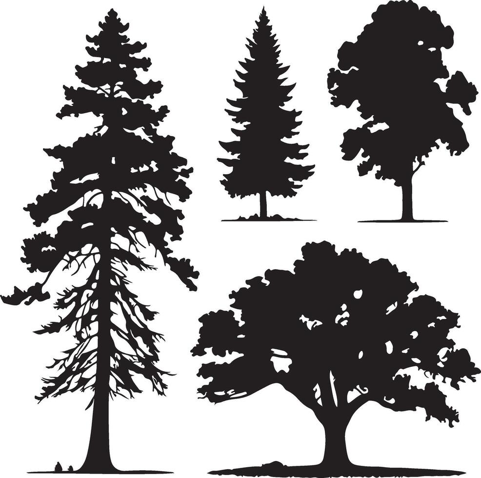 Four Different Tree Types Isolated on White Background Silhouette eps vector