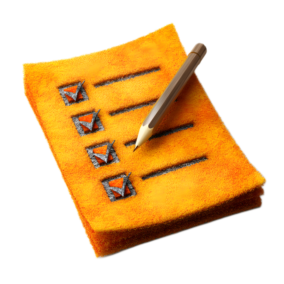 A yellow clipboard with a checklist or to do list and a pen representing organization planning and productivity in a business or office setting png