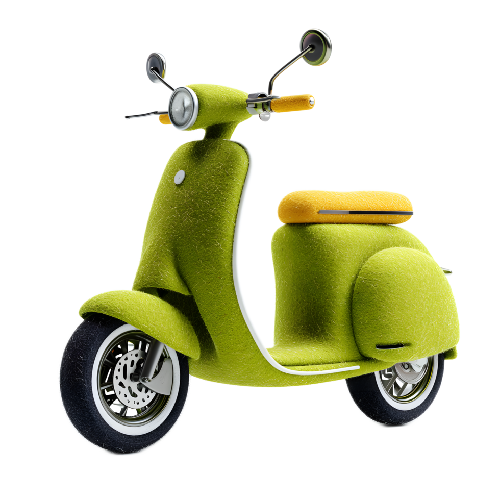 A 3D rendering of a stylized minimalist electric scooter icon made from soft green felt material png