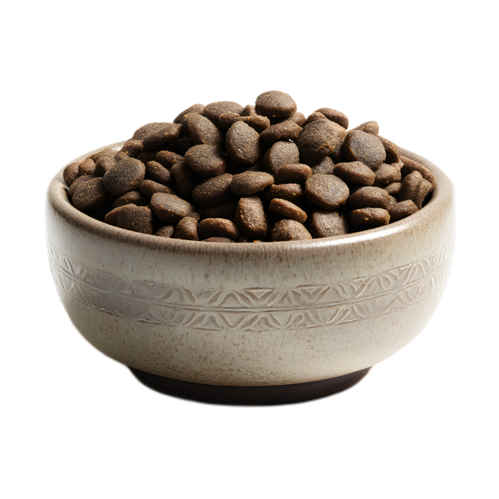 A bowl filled with dry pet food pellets or kibble resting on a neutral ceramic surface png
