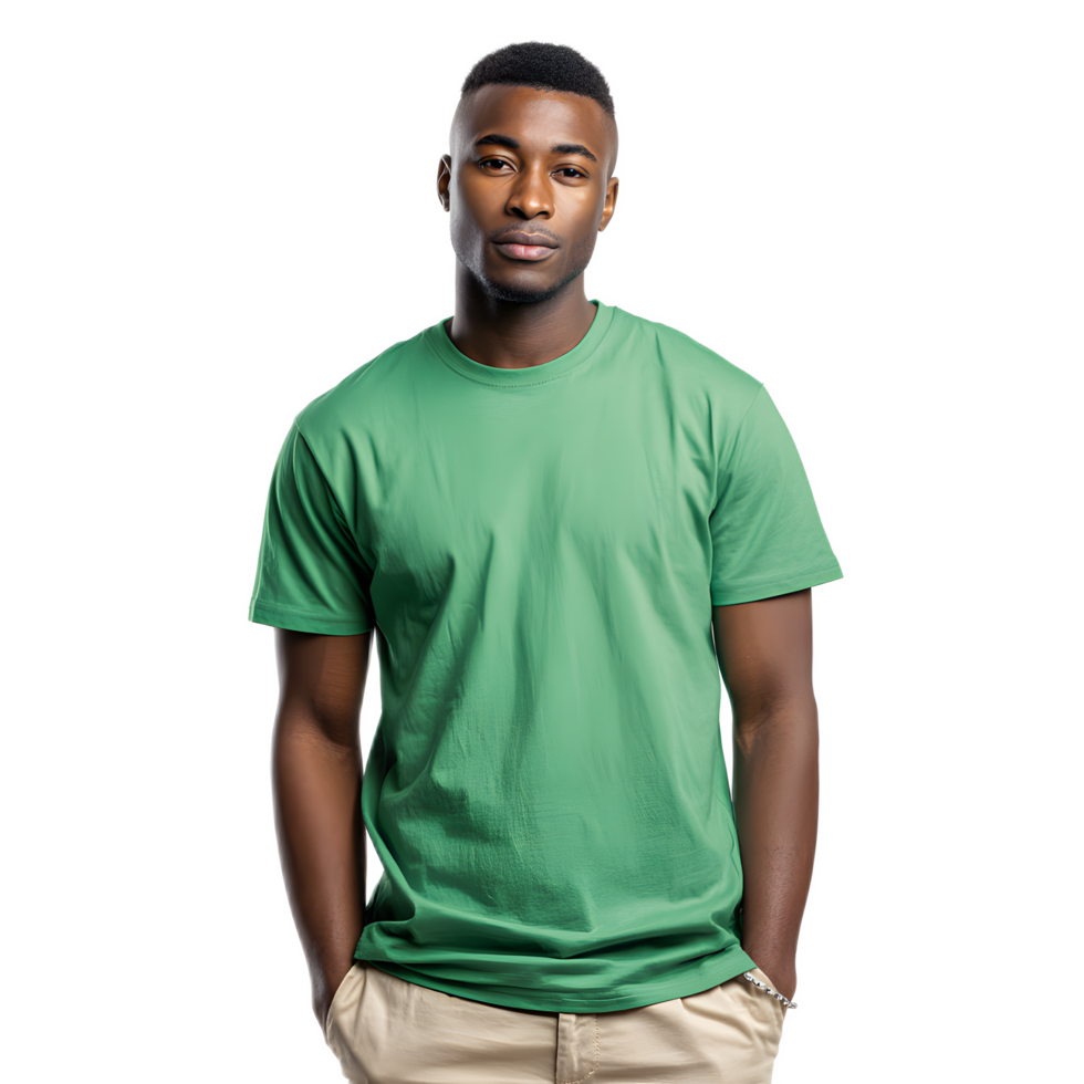 Portrait of a young friendly looking African man wearing a casual green t shirt and smiling confidently at the against a plain background png