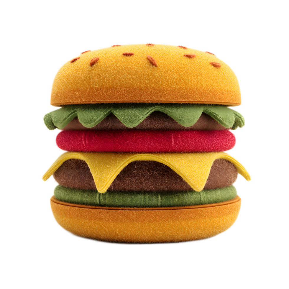 A playful and whimsical 3D render of a cheeseburger icon crafted from soft colorful felt material showcasing the classic layered design of a hamburger with a bun patty cheese lettuce and tomato png