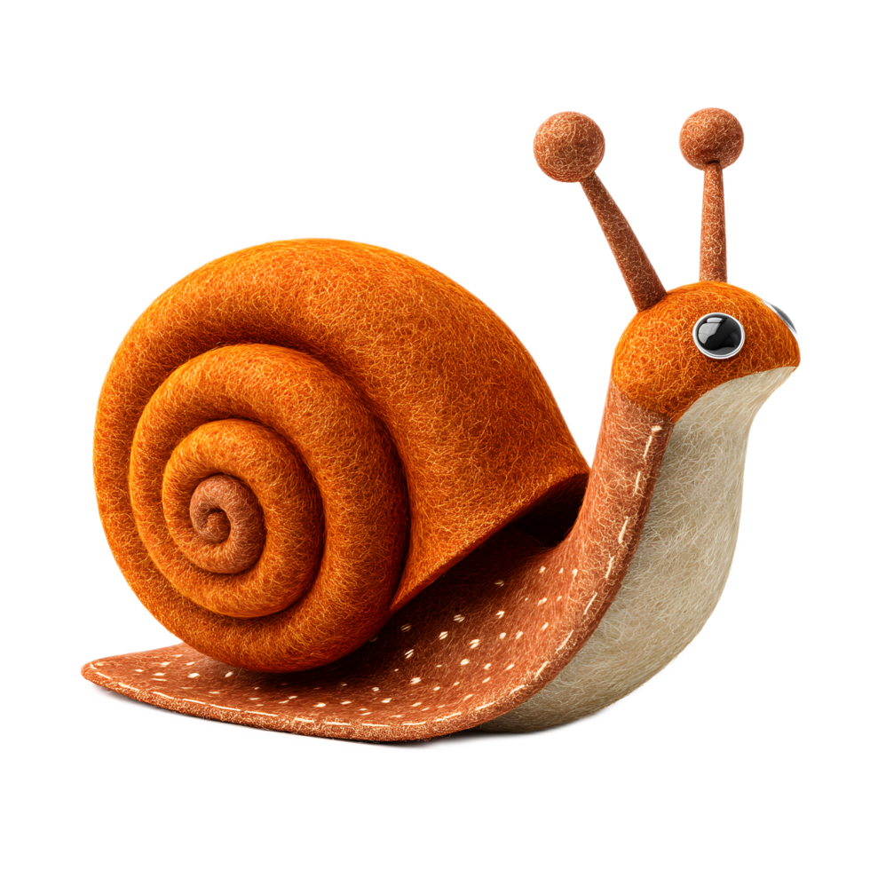 A whimsical handcrafted felt snail icon with a vibrant orange shell curious eyes and soft textured details png