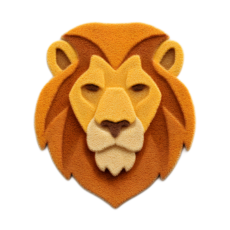 A detailed and lifelike icon depicting the powerful noble head of a lion crafted from soft textured felt material and isolated on a plain background png