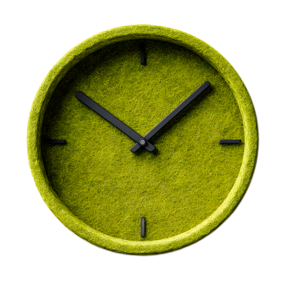 A sleek and modern clock designed with a minimalist aesthetic featuring a green felt material that creates a calming and natural inspired ambiance png