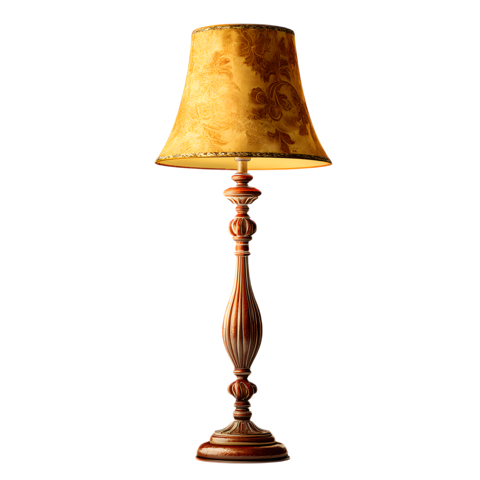 A classic ornately designed wooden table lamp with a warm textured shade creating a cozy and sophisticated ambiance in any interior space png