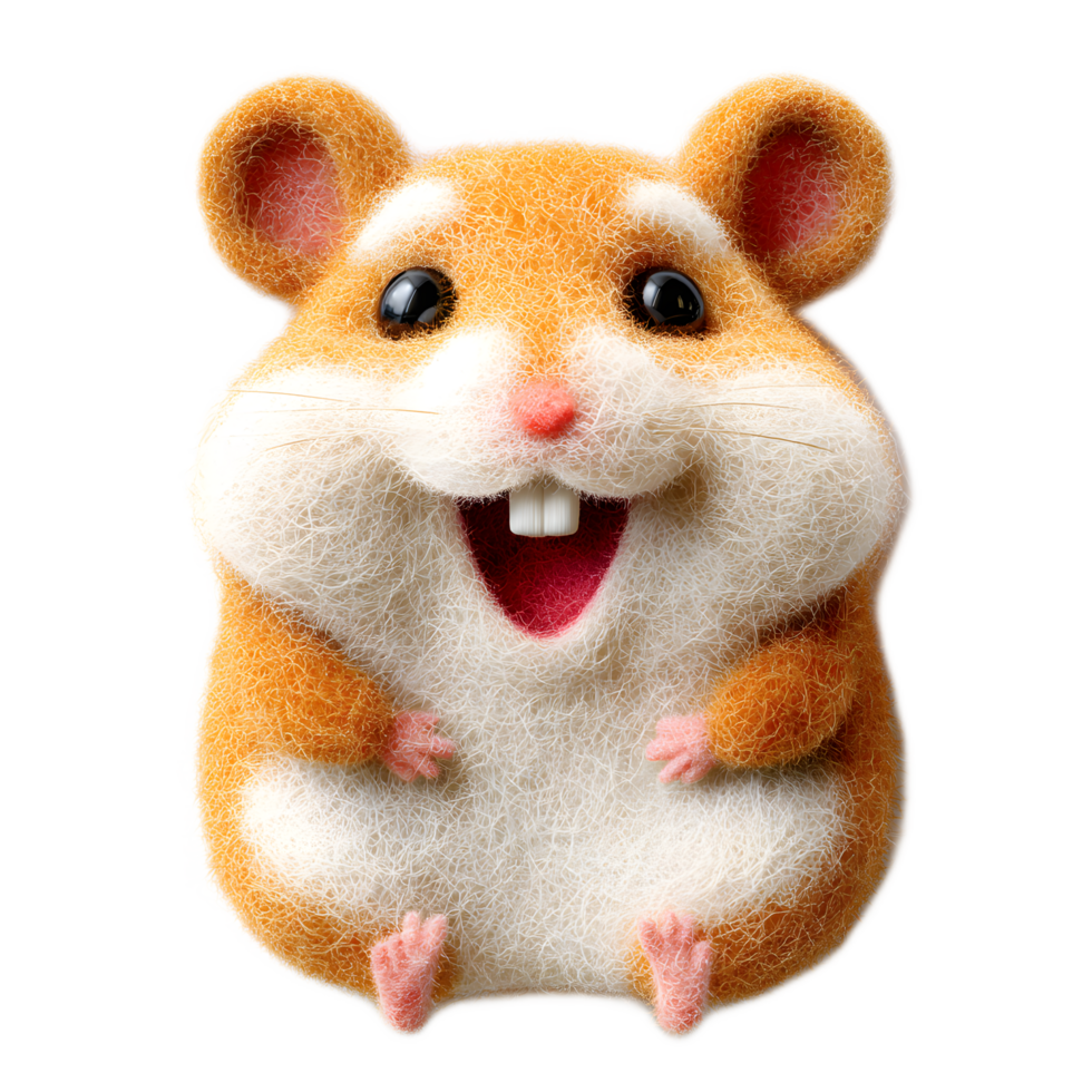 Closeup portrait of a cute happy looking hamster made of soft orange and white felt material against a plain background png