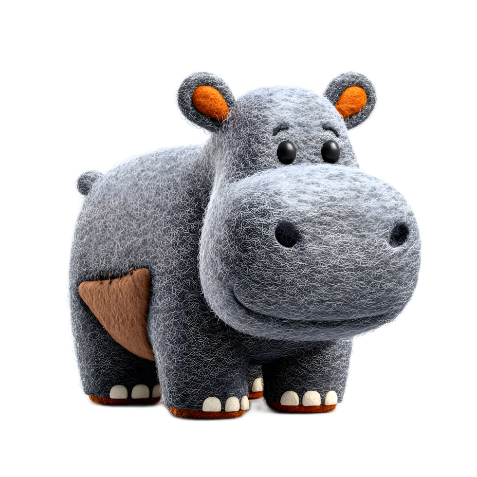 Soft and plush felt hippo toy with a round gray body big ears and a friendly expressive face png