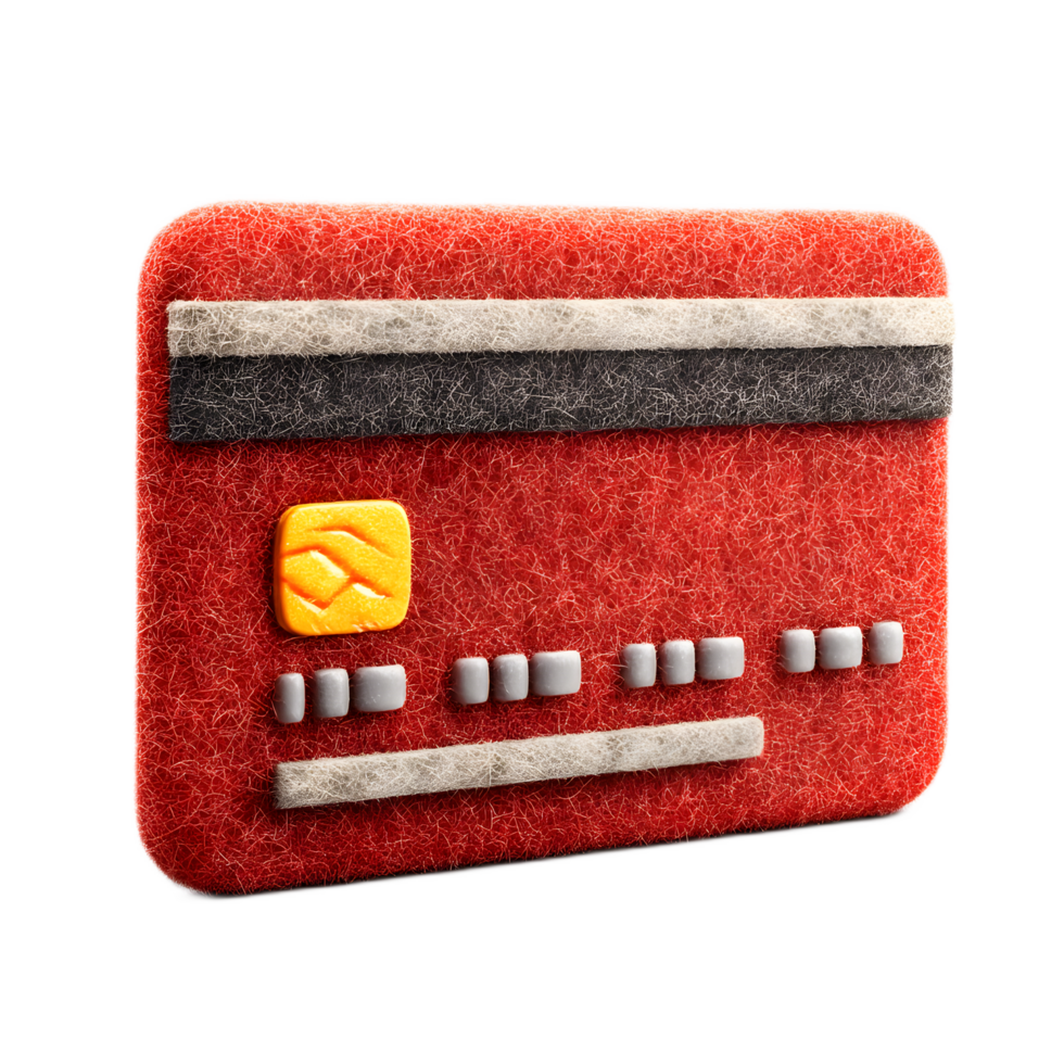 Close up of a stylized credit card icon made from textured red and gray felt material suggesting a modern digital financial transaction png
