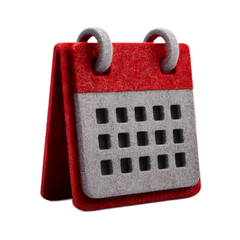 Close up view of a calendar icon made of soft textured red and gray felt material with a ring for hanging png