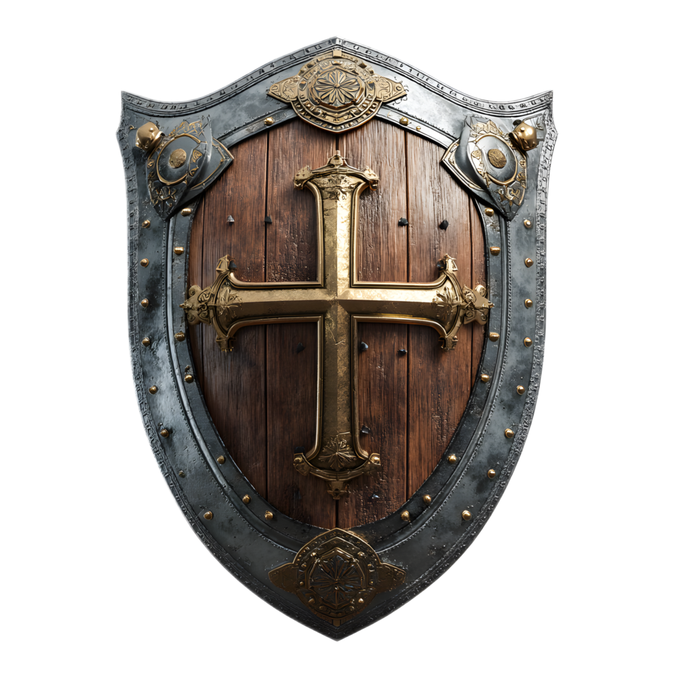 Detailed view of an elaborately designed medieval shield featuring a prominent cross symbol representing the chivalry and Christian heritage of the era png