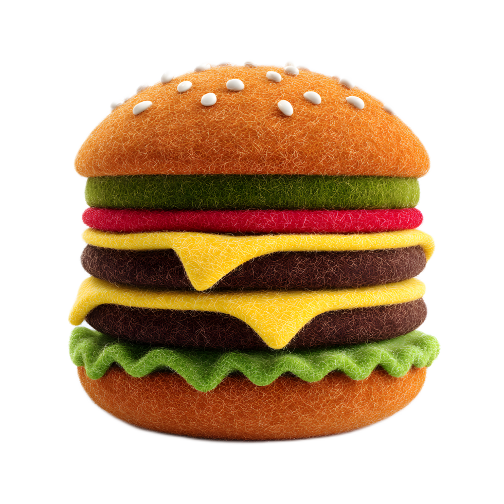 Closeup view of a detailed felt textured hamburger icon with a layered construction of a bun patty cheese lettuce and tomato png