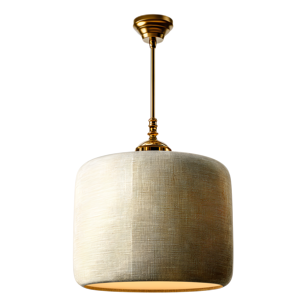 A sophisticated brass pendant light fixture with a warm neutral linen shade creating a cozy and inviting ambiance in any interior space png