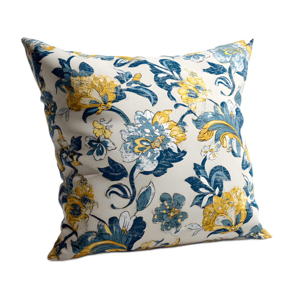 Elegant floral patterned cushion or pillow with intricate botanical design in blue white and yellow colors perfect for adding a touch of style and comfort to any interior space png