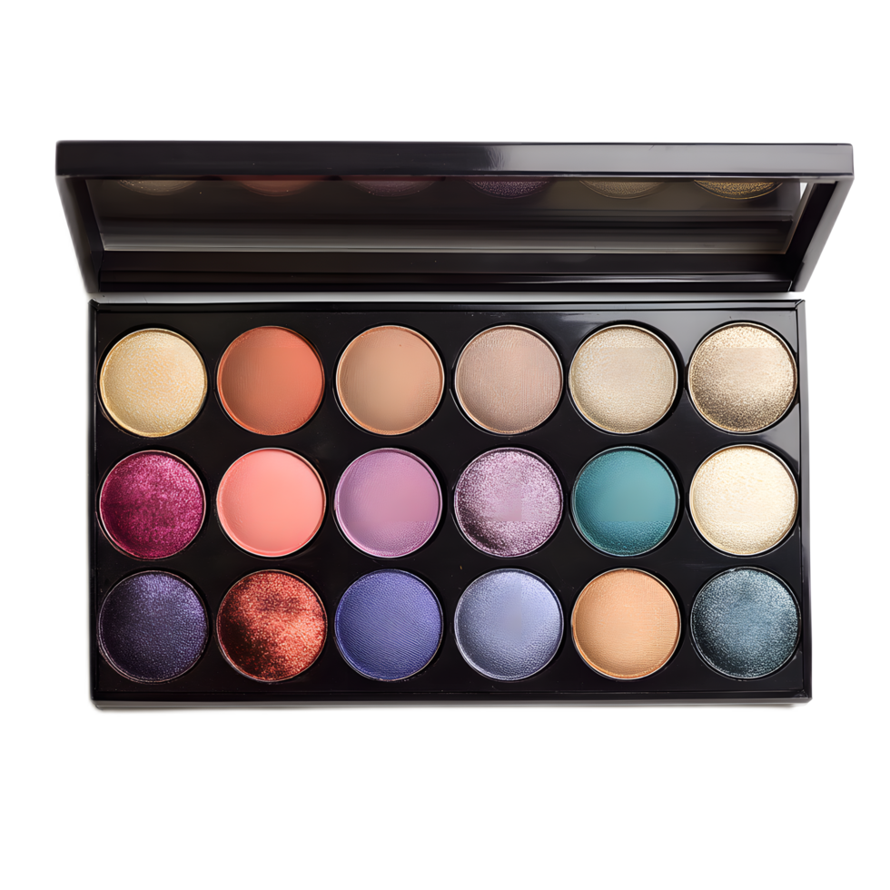 A sleek and sophisticated eyeshadow palette featuring a diverse array of captivating colors from bold jewel tones to soft neutrals perfect for creating endless makeup looks png