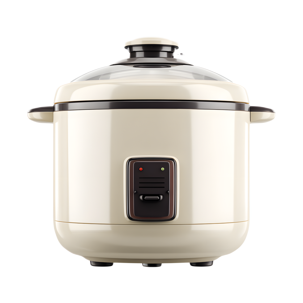 Sleek and compact electric rice cooker in a modern white design with a stainless steel lid and control panel png
